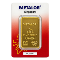 Gold Minted Bar Metalor (SG Lion Head Assay Card) - 100 gram