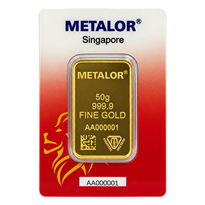 Gold Minted Bar Metalor (SG Lion Head Assay Card) - 50 gram