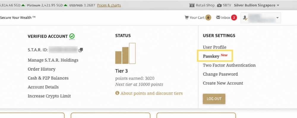 Select Passkey from the Silver Bullion account menu